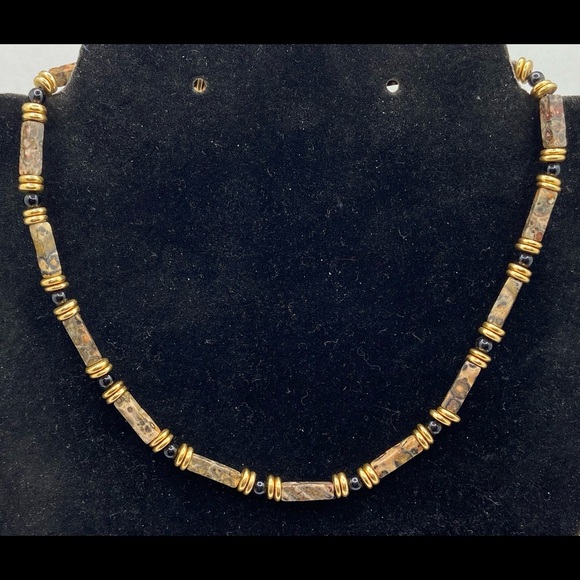 Vintage 18KGF leopard skin jasper & black onyx gemstone beaded choker necklace - Picture 1 of 9